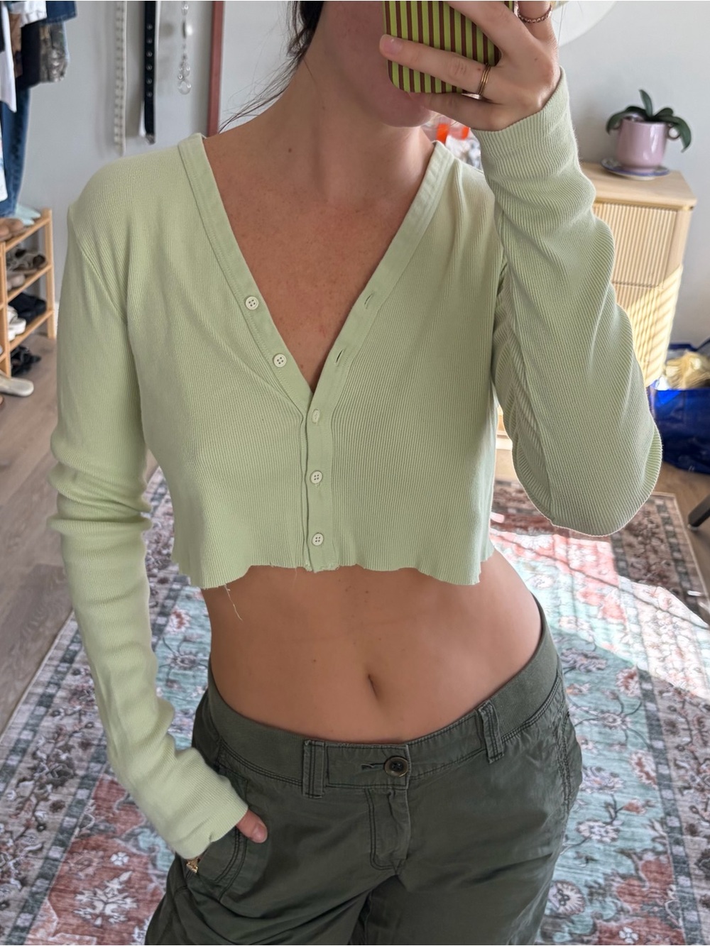 Brandy Melville Mint Green Ribbed Cropped Button Cardigan